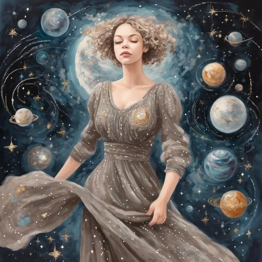 Prompt: <mymodel>Universe planets, cosmic gas, woman in victorian dress taking a walk in the milky way, light moths flying around and glittering with pixie dust