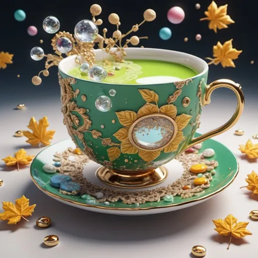 Prompt: clouds and lace, 432hz, healing sound, healthy light, airy bob, pearls, diamonds and crystals, all in light source, 5D lamp. Luxurious Victorian lime blossom teacup with saucer, falling gold leaves, solar system, warm knitted socks, ultra HD, realistic, vibrant colors, highly detailed, UHD drawing, pen and ink, perfect composition, beautiful, detailed, insanely detailed octane renderings trend art station 8K art photo and planet change with cookies and candies spilling out of a mug 3D rendering anime product cinema painting fashion illustration 3D rendering, 3d render, painting, fashion, product, illustration