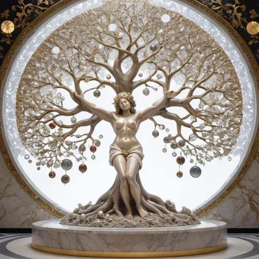 Prompt: in the foreground the tree of life, the trunk of which is a sculpture of a woman and a man passionately embraced, arms in the air, outstretched, from which branches form a tree, all in marble, gray-white, creamy gilt veins, marble, mixed different styles, surrounded, mosaics of mirrors, diamonds, precious stones and triple circle of pearls, as if from interplanetary travel, background, cosmic universe, with planets, stars, gaseous, lace nebula, diamonds, pearls, soap bubbles, tree emits a glow

