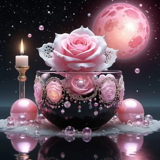 Prompt: clouds and lace, 432hz, healing sound, healthy light, airy boba, pearls, diamonds and crystals, all in light source, 5D lamp. black candle in another crystal rose with pink glow colorful planets against starry sky floating in water 3d rendering ana 3d rendering painting dynamic photo illustration, dark fantasy, architecture, anime, illustration, product, fashion, 3d render