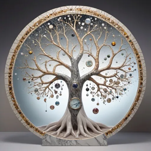Prompt: in the foreground, the tree of life, a tree surrounded by triangles, circles of different material, size and material, in a circle 3D 82K, mirror mosaics, diamonds, precious stones and pearls, as if from interplanetary travels. Two people passionately embracing the trunk, sculpture, hands in the air, bent, tree branches form from them, natural, artistic, cinema, photo, illustration, pastel tones, gray and white, creamy with gilded veins, marble, mixed different styles. Background, behind tree, space, cosmic universe, space colors, with planets, stars, gaseous, lace nebula, diamonds, pearls, soap bubbles, tree glows

