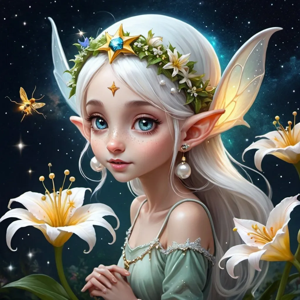 Prompt: universe colors, milky way, big and small star cart, cosmic, universe fantasy world 82K, everything as small as in ant world, about 1 cm flower elf, sitting in the middle of lily and feeding small dragon with pollen, elf has tiny wings, bees size fairy, fantasy world, with a flower warbler hat on her head, small elf headphones. All around a dewy glow, diamonds, pearls, a mist of lace.