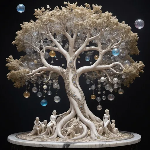 Prompt: in the foreground the tree of life, the trunk of which is a sculpture of a woman and a man passionately embraced, arms in the air, outstretched, from which branches form a tree, all in marble, gray-white, creamy gilt veins, marble, mixed different styles, surrounded, mosaics of mirrors, diamonds, precious stones and triple circle of pearls, as if from interplanetary travel, background, cosmic universe, with planets, stars, andromeda nebula, diamonds, pearls, soap bubbles, tree emits a glow

