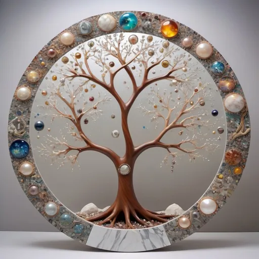 Prompt: iin the foreground, the tree of life, a tree surrounded by triangles, circles of different materials, sizes and materials, in a circle 3D 82K, mosaics of mirrors, diamonds, precious stones and pearls, like a trunk from interplanetary travels, like a sculpture of two people embracing in passion, hands in the air, bent, they form tree branches, all mahogany, pastels, gray white, creamy gilt veining, marble, mixed styles, background, cosmic universe, with planets, stars, gaseous, lace mist, diamonds, pearls, soap bubbles, tree glows


