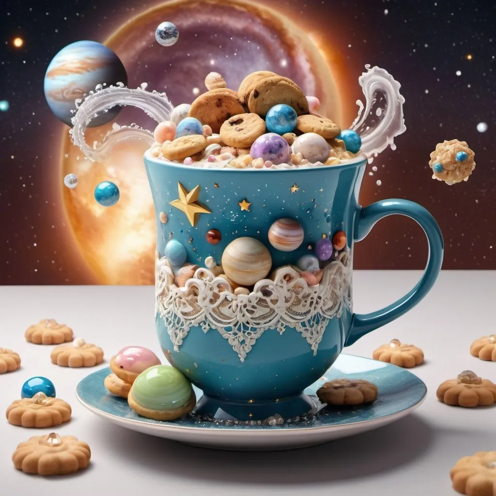 Prompt: clouds and lace, 432hz, healing sound, healthy light, airy boba, pearls, diamonds and crystals, all in light source, 5D lamp. Ornate victorian milky way mug with saucer, solar system, stars and planets alternating with cookies and candies splashing from the mug, 3d rendering, architecture, product, fashion, 3d render, illustration, typography, cinematic