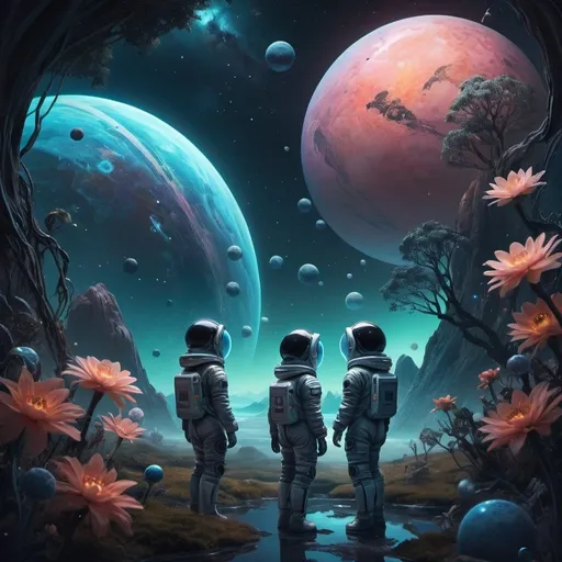 Prompt: A captivating illustration of young space explorers in futuristic spacesuits, discovering a new, mysterious planet. The children are surrounded by a surreal landscape filled with bioluminescent flora and fauna, emitting a soft, ethereal glow. The background features a cosmic backdrop with stars and galaxies. The atmosphere is a perfect harmony of nature and science, with the 432 Hz frequency resonating throughout the scene, impacting the planet's environment and the children's consciousness. The artwork combines elements of illustration, fashion, painting, and dark fantasy, creating a unique and enchanting visual experience., product, 3d render, anime, cinematic, photo, fashion, dark fantasy, illustration, painting