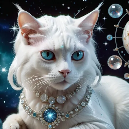 Prompt: A striking 3D rendering of an enchanting astrologer with silver hair adorned with celestial bodies, deeply focused on her natal chart. She dons round astrologer glasses, and her Virgo zodiac sign complements her Moon and Mars in Scorpio, showing her passionate and mysterious nature. A mesmerizing, close-up porcelain white cat, encrusted with Swarovski diamonds and emitting a silver haze, lies by her side. 