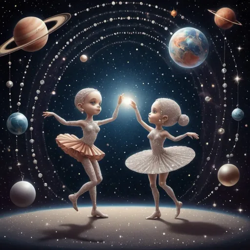 Prompt: two strange little people, dancing from diamonds, pearls and glitter, in the background the universe, stars, planets, saturn, mars, venus