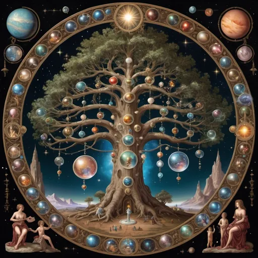 Prompt: family tree in foreground, renaissance style, surrounded, in a circle of mirrors and signs, as if from interplanetary travel, background, cosmic universe, with planets, stars, andromeda nebula, diamonds, pearls, soap bubbles, the tree emits a glow