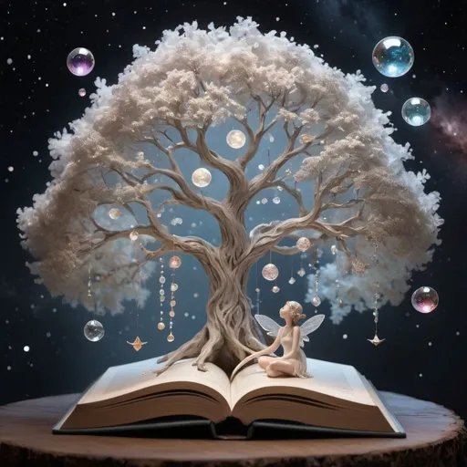 Prompt: clouds and lace, 432hz, healing sound, healthy light, airy boba, pearls, diamonds and crystals, all in light source, 5D lamp. open book, the book is open about halfway, the pages are supported by a small branch 82k, a small lamp is attached to the end of the branch 3000PDI, a lamp, a small cute fairy is sitting on the page of the book next to the branch 3000PPI, space, the universe is divided in half by an invisible, transparent plate, a sudden explosion splits it and the fragments spread throughout the universe in the air, the fragments reflect starlight, the light of the planets, gases, lacy fog columns wind through 82k, anime, painting, 3d render, cinematic, fashion, product, illustration. in the foreground, the tree of life, a tree surrounded by triangles, circles of different material, size and material, in a circle 3D 82K, mirror mosaics, diamonds, precious stones and pearls, as if from interplanetary travels. Two people passionately embracing the trunk, sculpture, hands in the air, bent, tree branches form from them, natural, artistic, cinema, photo, illustration, pastel tones, gray and white, creamy with gilded veins, marble, mixed different styles. Background, behind tree, space, cosmic universe, space colors, with planets, stars, gaseous, lace nebula, diamonds, pearls, soap bubbles, tree glows

