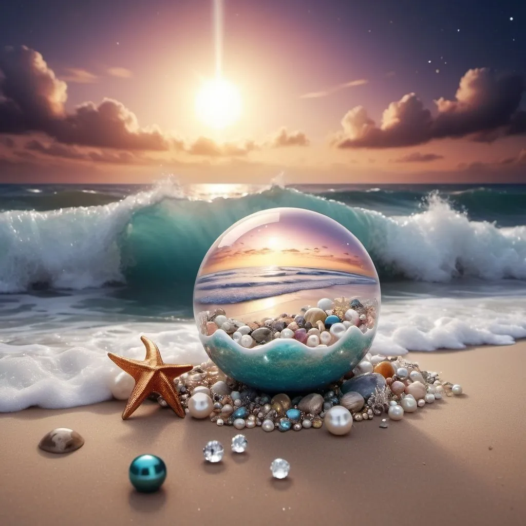 Prompt: Captivating high definition image of a windy seaside with a cosmic night sky. Shades of fantasy are reflected in the shimmering sea, creating a captivating illusion. Captured just 20cm above the sand, the unique perspective reveals a beach of multicolored stones, crystals, pearls, diamonds and an intricately detailed mix of 3D shells adorned with starfish, pearls and diamonds. The waves crash against the shore with white water foam, reflect the breathtaking skyscape, and as the sun drops below the horizon, a magical, dark fantasy unfolds. Light-bearing moths emerge, creating a mystical glow that enhances the already mesmerizing scene. Seashore, waves with white foam create a charming view of the sea with 20 cm high multi-colored stones and pearl shellsuniverse, stars, planet, , hands together 82K, stars and pearls and diamonds in hands 3000PPI, the whole world in hands glitters 3000PDI 82K universe background, cosmic elements 3000PDI, planets, saturn uranus mars, clouds and lace 3000PPI, telescope healing sound, healthy light, airy boba, pearls, diamonds and crystals, all in light source, 5D lamp. Planet Uranus. The navel of the world. 3000PDI. Fate revolves around its axis, striving towards new discoveries. 3000PPI. Secrets a lot. Tarot cards. Smart dreams in the air. A subtle fantasy world, 3d render, cinematic, fashion, illustration, anime