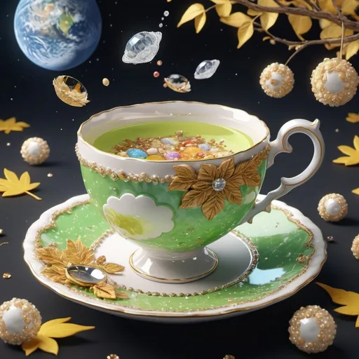 Prompt: clouds and lace, 432hz, healing sound, healthy light, airy bob, pearls, diamonds and crystals, all in light source, 5D lamp. Luxurious Victorian lime blossom teacup with saucer, falling gold leaves, solar system, warm knitted socks, ultra HD, realistic, vibrant colors, highly detailed, UHD drawing, pen and ink, perfect composition, beautiful, detailed, insanely detailed octane renderings trend art station 8K art photo and planet change with cookies and candies spilling out of a mug 3D rendering anime product cinema painting fashion illustration 3D rendering, 3d render, painting, fashion, product, illustration