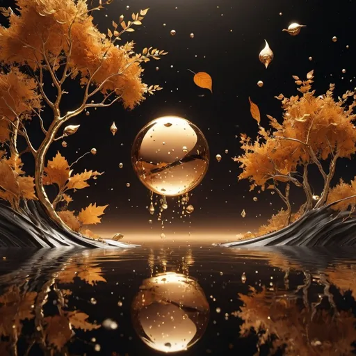 Prompt: Universe, Planet Stars, Shimmering Water Drops, Spatial, Mirror, Gas Clouds 3000 PPI, Late Autumn, Gold, Brown, Orange, Bare Birch Branches 82K, Gold Leaves 3000 PDI, Leaves Flying, Swirling, Wrinkled and Wind Blowing, Dynamic, dark fantasy, fashion, 3d rendering, illustration, cinematic