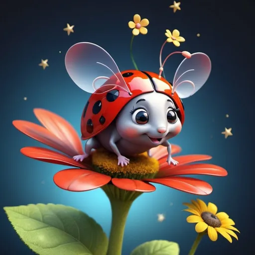 Prompt: Whimsical 3D rendering of a flying ladybug with a flower, bright and colorful, cute mouse sitting on a star, soft and cheerful, high quality, 3D rendering, whimsical, bright tones, detailed wings, adorable design, cute mouse, starry setting