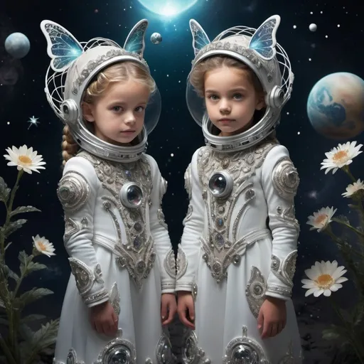 Prompt: Space explorers Children in spacesuits discover new planetsA captivating 3D render of space explorers, children in spacesuits, as they venture through the cosmos, discovering new planets. A mesmerizing portrait of a young forest fairy dressed in a Victorian-style gown adorned with mirrors and Swarovski crystals, exuding an otherworldly charm. The intricate dress, featuring diamond flowers and delicate filigrees resembling live diamond butterflies, is a masterpiece. Space explorers Children in spacesuits discover new planetsHer braided hair is intertwined with a net of diamonds and pearls. The background seamlessly blends cinematic and graffiti elements, creating an enchanting atmosphere that draws the viewer into her magical world. This stunning composition is a perfect fusion of portrait photography, cinema, fashion, and 3D render art.Space explorers Children in spacesuits discover new planets, graffiti, fashion, photo, cinematic, portrait photography, 3d render