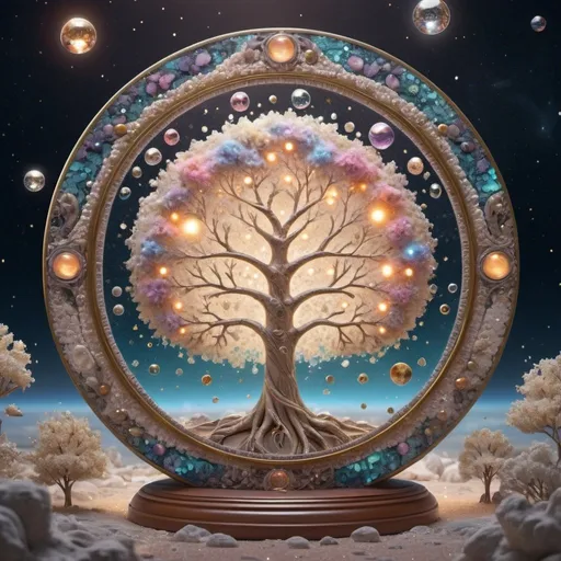 Prompt: louds and lace, 432hz, healing sound, healthy light, airy boba, pearls, diamonds and crystals, all in light source, 5D lamp. Tree of life in gold with sprinkles on the tree, inside the glowing circle, a cute window frame in a mirror mosaic in 3 layers, some pieces have fallen tossed in the foreground, magical starry space, glowing night, starry sky in the moonlight, sparkles magic property, hyper detail and AI super quality, hyper detail equipment, 32k, Accurate Anatomy, Enchant Color, Dynamic Lighting, illustration, painting, fashion, 3d render...  in the foreground, the tree of life, a tree surrounded by triangles, circles of different material, size and material, in a circle 3D 82K, mirror mosaics, diamonds, precious stones and pearls, as if from interplanetary travels. Two people passionately embracing the trunk, sculpture, hands in the air, bent, tree branches form from them, natural, artistic, cinema, photo, illustration, pastel tones, gray and white, creamy with gilded veins, marble, mixed different styles. Background, behind tree, space, cosmic universe, space colors, with planets, stars, gaseous, lace nebula, diamonds, pearls, soap bubbles, tree glows...clouds and lace, 432hz, healing sound, healthy light, airy boba, pearls, diamonds and crystals, all in light source, 5D lamp. space, the universe is divided in half by an invisible, transparent plate, a sudden explosion splits it and the fragments spread throughout the universe in the air, Ultra HD, Realistic, Vibrant Colors, Highly Detailed, UHD Drawing, Pen and Ink, Perfect Composition, Beautiful, Detailed, Insanely Detailed Octane Rendering Trend at Art Station, 8K artistic photography the fragments reflect starlight, the light of the planets, gases, lacy fog columns wind through 82k, illustration, product, fashion, cinematic, 3d render, painting, anime
