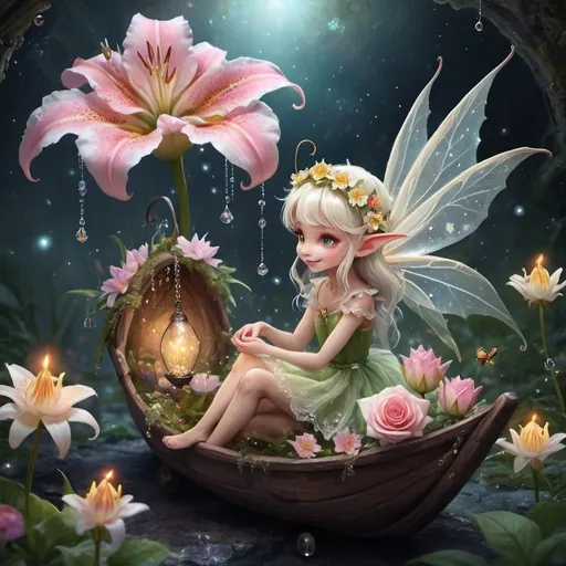 Prompt: universe colors, milky way, big and small star cart, cosmic, universe fantasy world 82K, everything is as small as in ant world, about 1 cm flower elf, very happy, smiling, on feet, slippers, tied with spider web thread, in hair dew beads, back, petal dresses, rose petal dresses, sitting in the middle of a lily and feeding a little dragon with pollen, an elf with tiny wings, a fairy the size of a bee, a fantasy world, with a flower warbler's hat on his head, little elf ears. All around a dewy glow, diamonds, pearls, a mist of lace.