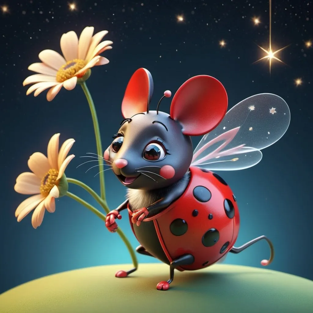 Prompt: Whimsical 3D rendering of a flying ladybug with a flower, bright and colorful, cute mouse sitting on a star, soft and cheerful, high quality, 3D rendering, whimsical, bright tones, detailed wings, adorable design, cute mouse, starry setting