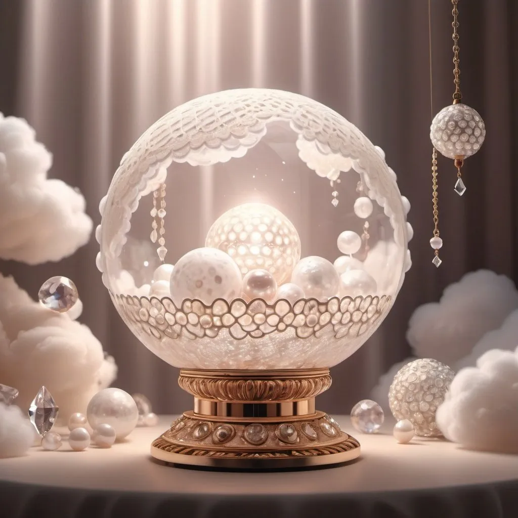 Prompt: clouds and lace, 432hz, healing sound, healthy light, airy boba, pearls, diamonds and crystals, all in light source, 5D lamp., product, cinematic, fashion, 3d render, photo