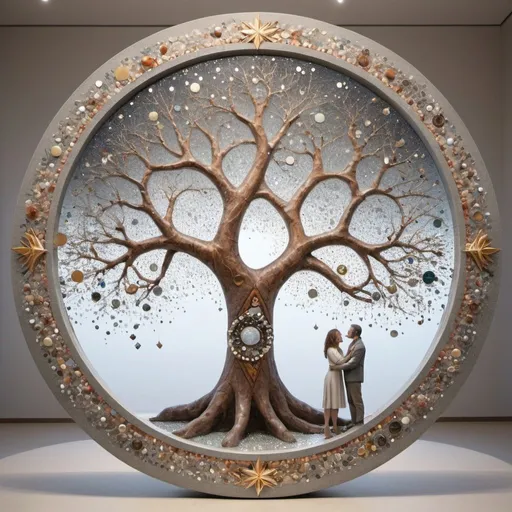 Prompt: in the foreground, the tree of life, a tree surrounded by triangles, circles of different material, size and material, in a circle 3D 82K, mirror mosaics, diamonds, precious stones and pearls, as if from interplanetary travels. Two people passionately embracing the trunk, sculpture, hands in the air, bent, tree branches form from them, natural, artistic, cinema, photo, illustration, pastel tones, gray and white, creamy with gilded veins, marble, mixed different styles. Background, behind tree, space, cosmic universe, space colors, with planets, stars, gaseous, lace nebula, diamonds, pearls, soap bubbles, tree glows

