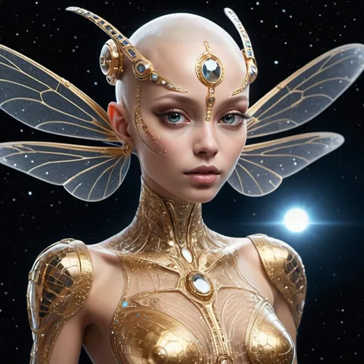 Prompt: visible alien, thin, tasteful, visible in full height, no family, body anatomically refined, without feminine and masculine features, big beautiful eyes, face human, no hair, anatomically accurate, beautiful, refined, gold tattoos embedded on the face, promoting development, wisdom, luck, body and face skin of pure mother-of-pearl, glittering, covered with fine diamond crystals, elegant, ultra-smart, wrapped in tulle-like glittering modern clothing with fluttering ribbons, dragonfly wings shimmering in cosmic starlight, looking into the distance to the new, fantastically fine space station, which is located in the background behind the beautiful creature that flies, soars in space. Intergalactic stations, intergalactic single pilot spaceships.