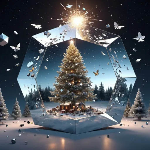 Prompt:  ultra-realistic diamond mirror cube + Christmas tree + single plane explosion, broken clock details spill out, broken time 3000PPI, some fallen pieces are scattered in the foreground , magical starry space, glittering night, beautiful cosmic butterflies, starry sky in the moonlight, sparkling magic function, super detail and artificial intelligence super quality, super detail equipment, 32k, precise anatomy