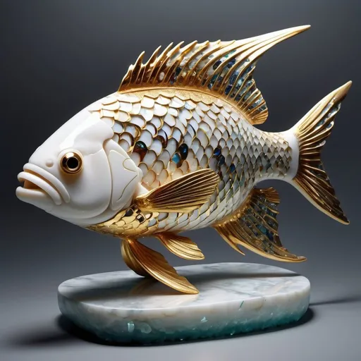 Prompt: Stunning 3D Deep Sea White Marble Sculpture Fish With Real Gold Pattern On Fins And Scales, Displayed Artistically, Broken Glass Effect, Mythical, Vibrant, Molecular, Intricate Textures, Iridescent And Glittering Scales, Breathtaking Beauty, Pure Perfection, Divine Presence, Impressive, Volumetric lighting, incredible depth, auras, reflections. 3000 PPI 
