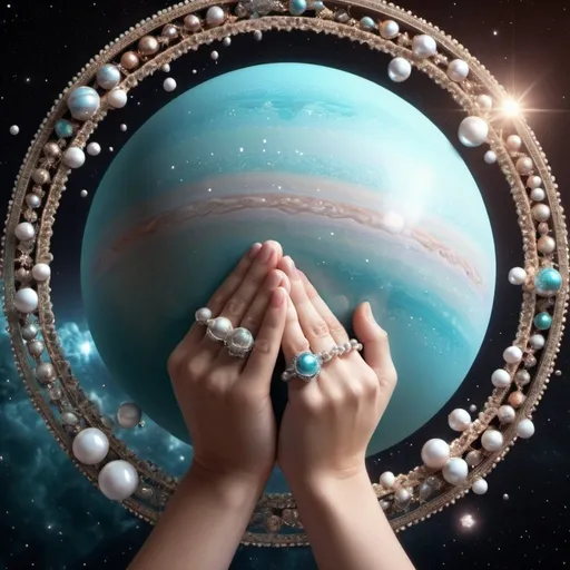 Prompt: Background: Space, universe, stars, planet. Hands folded as if praying, drinking water. 82K Stars and pearls and diamonds around 3000PPI, the whole world shines in the hands 3000PDI 82K Universe background, cosmic elements 3000PDI, planets, saturn uranus mars. Clouds like lace 3000PPI healthy light, pearls, diamonds and crystals, all in the light source, 5D lamp. Planet Uranus. 3000PDI. Fine fantasy world, 3D rendering, cinema, fashion, illustration, anime