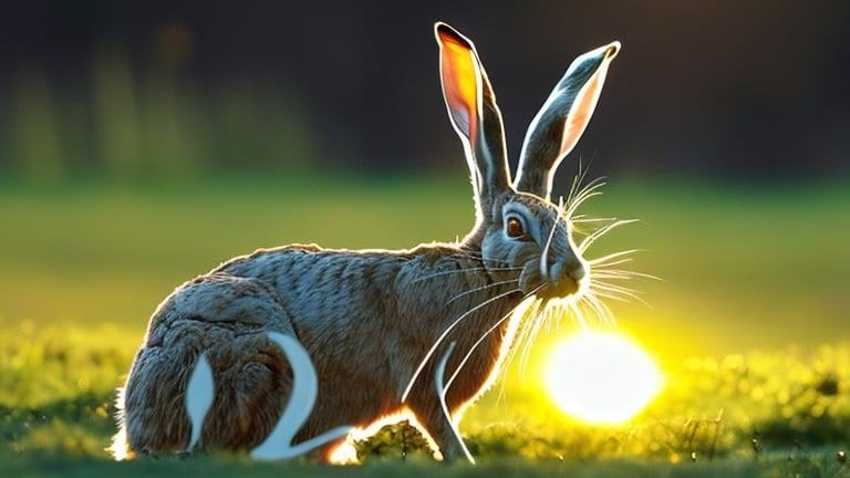 Prompt: The hare moves its ears, the sun's rays swirl