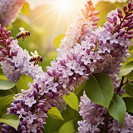 Prompt: the sun warms, happiness, lilacs bloom, bees fill their hives with honey, day turns to night