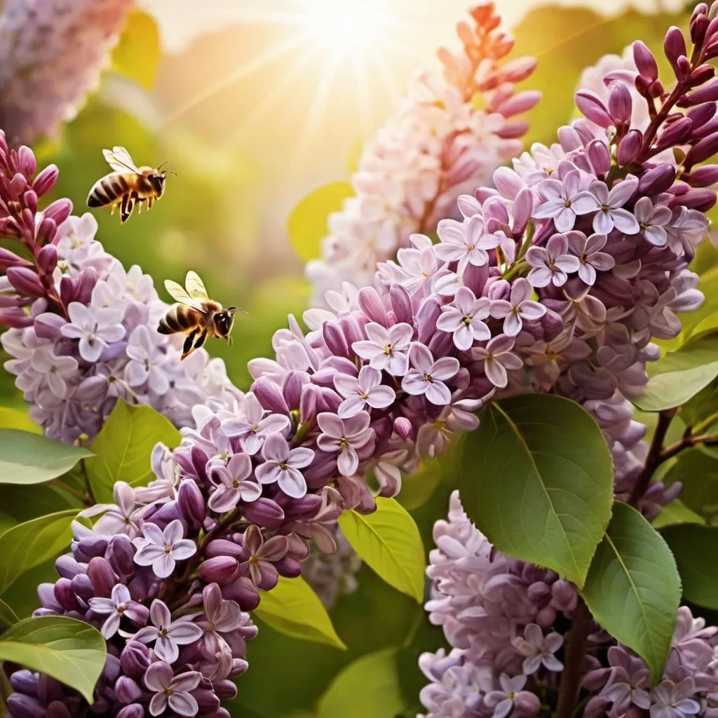 Prompt: the sun warms, happiness, lilacs bloom, bees fill their hives with honey, day turns to night