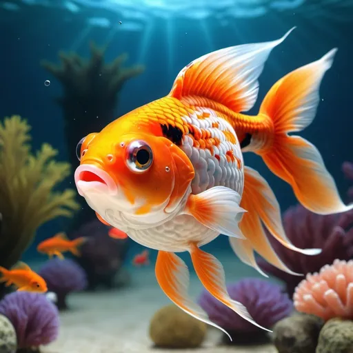 Prompt: Encourage

A stunning, unique goldfish with vibrant colors. The fish has a distinctive fin design and a large, expressive eye, a flexible tail fin. It gracefully swims among bright corals and various other marine animals, creating a mesmerizing underwater scene., 3D Rendering, Wildlife Photography

Magic prompt
Breathtaking 3D rendering of a dynamic and unique fish gracefully swimming among bright corals and various other sea creatures. The fish's intricate patterns and distinctive fin design are accentuated by its large, expressive eye. The overall atmosphere of the scene is captivating, with a sense of wonder and exploration, wildlife photography, 3D rendering
