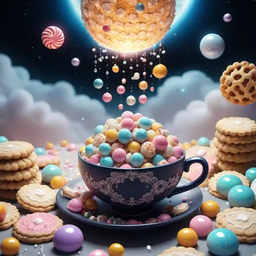 Prompt: clouds and lace, 432hz, healing sound, healthy light, airy bob, pearls, diamonds and crystals, all in light source, 5D lamp. treat turza, candy cookies, moment of happiness 82K art photo and planets change with cookies and candies spilling out of a cup, 3D rendering, anime, product, cinema, painting, fashion, illustration, 3D rendering, vibrant, dark fantasy, 3d render, illustration, cinematic