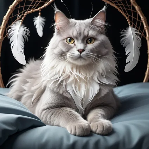 Prompt: A mesmerizing, high-definition digital artwork that captivates the viewer with its surreal and mystical imagery. The white shimmering background creates the basis for a fluffy pillow, the central image is a beautiful cat. Surrounding the pillow are 3000 PDI ostrich feathers that add depth and texture to the landscape. The extraordinary clarity of the feathers with 3000 PPI attracts the eye and invites reflection.

The scene is decorated with feathers, fluff, sun glare, lace and a very outstanding, perfectly beautiful gray cat, and the beautiful cat is majestically in the middle of the bed. With 82K detail, the cat has a lively and playful demeanor, the cat will draw attention to the crystal-sparkling dream catcher that creates a mystical glow effect. Its presence gives a whimsical and cinematic, painting, illustration, dark fantasy, 3D rendering, product, fashion, architecture touch.