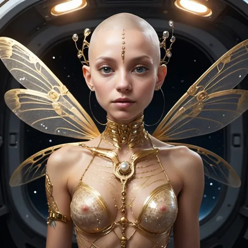 Prompt: gold tattoos, on face and body, arms and legs, source of light, mechanical, attached to solar plexus, chest area, dragonfly glowing wings, full length of creature attached to back at shoulder blades, alien visible, pearl man, thin, delicious pearl, seen full length , no gender, body anatomically refined, no gender features, ambiguous gender, big beautiful eyes, face pearly, human, no hair, anatomically correct, beautiful, sophisticated, face and body with gold tattoos that promote development, wisdom, luck , body and face skin of pure mother-of-pearl, glittering, covered with delicate diamond crystals, elegant, ultra-smart, wrapped in tulle-like glittering modern clothing with fluttering ribbons, dragonfly wings shimmering in the starlight of space, looking into the distance at the new, fantastically fine space station , which is in the background behind a beautiful creature that flies , soars in space. Intergalactic stations, intergalactic single pilot spaceships.