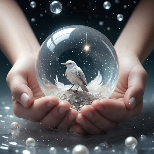 Prompt: white glitter background with grayish features, puddle in center 3000 PPI clear as ice, splashes 3000PDI, feathers, fluff, mist, lace, gray bird in middle of puddle 82K, wings flapping, having fun. universe, stars, planet, , hands together 82K, stars and pearls and diamonds in hands 3000PPI, the whole world in hands glitters 3000PDI 82K universe background, cosmic elements 3000PDI, planets, saturn uranus mars, clouds and lace 3000PPI, telescope healing sound, healthy light, airy boba, pearls, diamonds and crystals, all in light source, 5D lamp. Planet Uranus. The navel of the world. 3000PDI. Fate revolves around its axis, striving towards new discoveries. 3000PPI. Secrets a lot. Tarot cards. Smart dreams in the air. A subtle fantasy world, 3d render, cinematic, fashion, illustration, anime