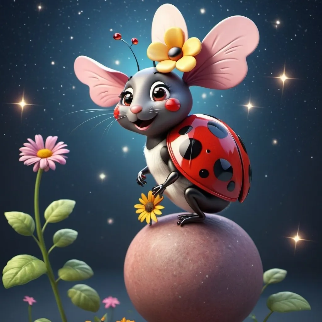 Prompt: Whimsical 3D rendering of a flying ladybug with a flower, bright and colorful, cute mouse sitting on a star, soft and cheerful, high quality, 3D rendering, whimsical, bright tones, detailed wings, adorable design, cute mouse, starry setting