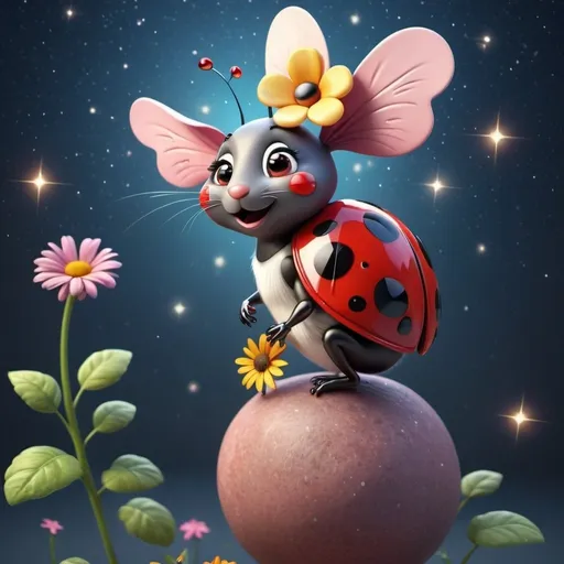 Prompt: Whimsical 3D rendering of a flying ladybug with a flower, bright and colorful, cute mouse sitting on a star, soft and cheerful, high quality, 3D rendering, whimsical, bright tones, detailed wings, adorable design, cute mouse, starry setting