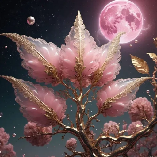 Prompt:  Universe, sky, pink clouds, gas swirls, Flowers, trees, leaves Elves, delicate and small, delicate and beautiful, with glittering wings, exotic large flowers, cosmic, exotic plants, leaves, unusual colors, sparkling lights, fantastic, unusual, peaceful cosmic beings. Crystals., pearls, lace, vapor gas.. universe, planets stars, gas clouds 3000 PPI, gold, birch bare 82K branches, gold leaves 3000 PDI, crumpled and fluttering in the wind, cinematic, illustration, 3d render, fashion, dark fantasy, vibra