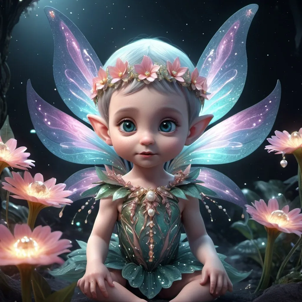 Prompt: Elf 2 year old baby, delicate and beautiful 82k, with glittering wings, exotic large flowers, space plants 3000PPI, unusual colors, sparkling lights, fantastic, unusual, peaceful space creatures 3000PDI. Crystals, pearls, lace, vapor gas. Cinematic illustration, 3d render, dark fantasy, dynamic