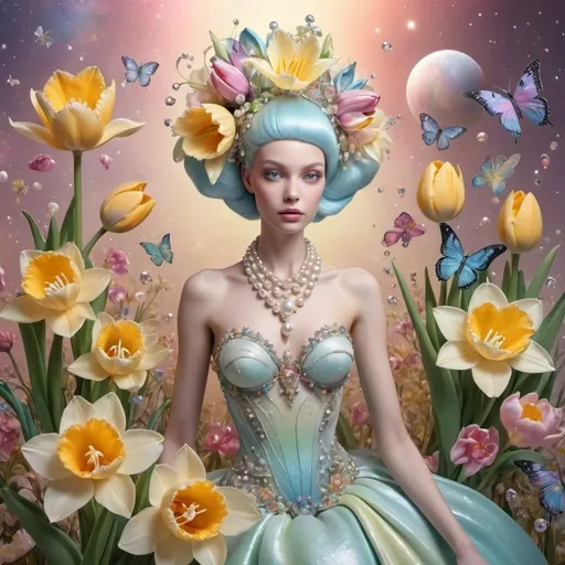 Prompt: Seamstress, modeler, dressmaker, exotic, cosmic flowers, out of this world, alien flowers, background shimmering pastel, like spring sunrise 3000PPI, pearls, diamonds, crystals, tulips 3D, daffodils 3D, snowdrops 3D, mimosas 3D and butterflies 5D.