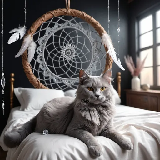 Prompt: The scene is decorated with feathers, fluff, sun glare, lace and a very outstanding, perfectly beautiful gray cat, and the beautiful cat is majestically in the middle of the bed. With 82K detail, the cat has a lively and playful demeanor, the cat will draw attention to the crystal-sparkling dream catcher that creates a mystical glow effect. Its presence gives a whimsical and cinematic, painting, illustration, dark fantasy, 3D rendering, product, fashion, architecture touch.