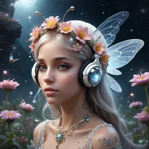 Prompt: cosmic, universe fantasy world 82K, everything is as small as in the ant world, a bee-sized fairy flies with tiny wings, a fantasy world, with a flower swallow hat on her head, tiny elf headphones. All around a dewy glow, diamonds, pearls, a mist of lace.