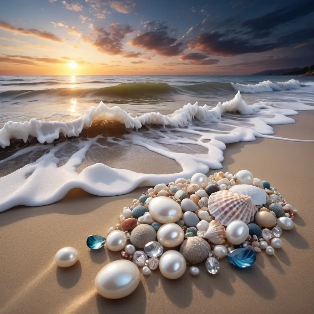 Prompt: Captivating high definition image of a windy seaside with a cosmic night sky. Shades of fantasy are reflected in the shimmering sea, creating a captivating illusion. Captured just 20cm above the sand, the unique perspective reveals a beach of multicolored stones, crystals, pearls, diamonds and an intricately detailed mix of 3D shells adorned with starfish, pearls and diamonds. The waves crash against the shore with white water foam, reflect the breathtaking skyscape, and as the sun drops below the horizon, a magical, dark fantasy unfolds. Light-bearing moths emerge, creating a mystical glow that enhances the already mesmerizing scene. Seashore, waves with white foam create a charming view of the sea with 20 cm high multi-colored stones and pearl shells