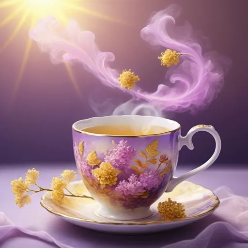 Prompt: background - the embrace of the summer sun, in the foreground - golden linden flowers flying separately, fingers grasping, a beautiful delicate romantism time mug with steaming tea, the whole picture radiates a glowing feeling of happiness, rococo romanticism wrapped in soft purple and pink smoke. , concept art, painting, 3D rendering, product