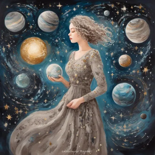 Prompt: <mymodel>Universe planets, cosmic gas, woman in victorian dress taking a walk in the milky way, light moths flying around and glittering with pixie dust