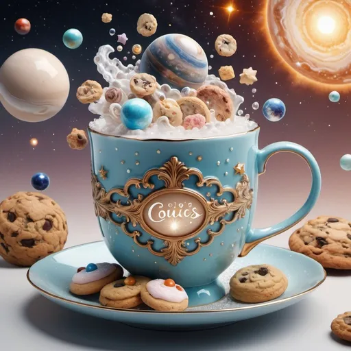 Prompt: clouds and lace, 432hz, healing sound, healthy light, airy boba, pearls, diamonds and crystals, all in light source, 5D lamp. Ornate victorian milky way mug with saucer, solar system, stars and planets alternating with cookies and candies splashing from the mug, 3d rendering, architecture, product, fashion, 3d render, illustration, typography, cinematic