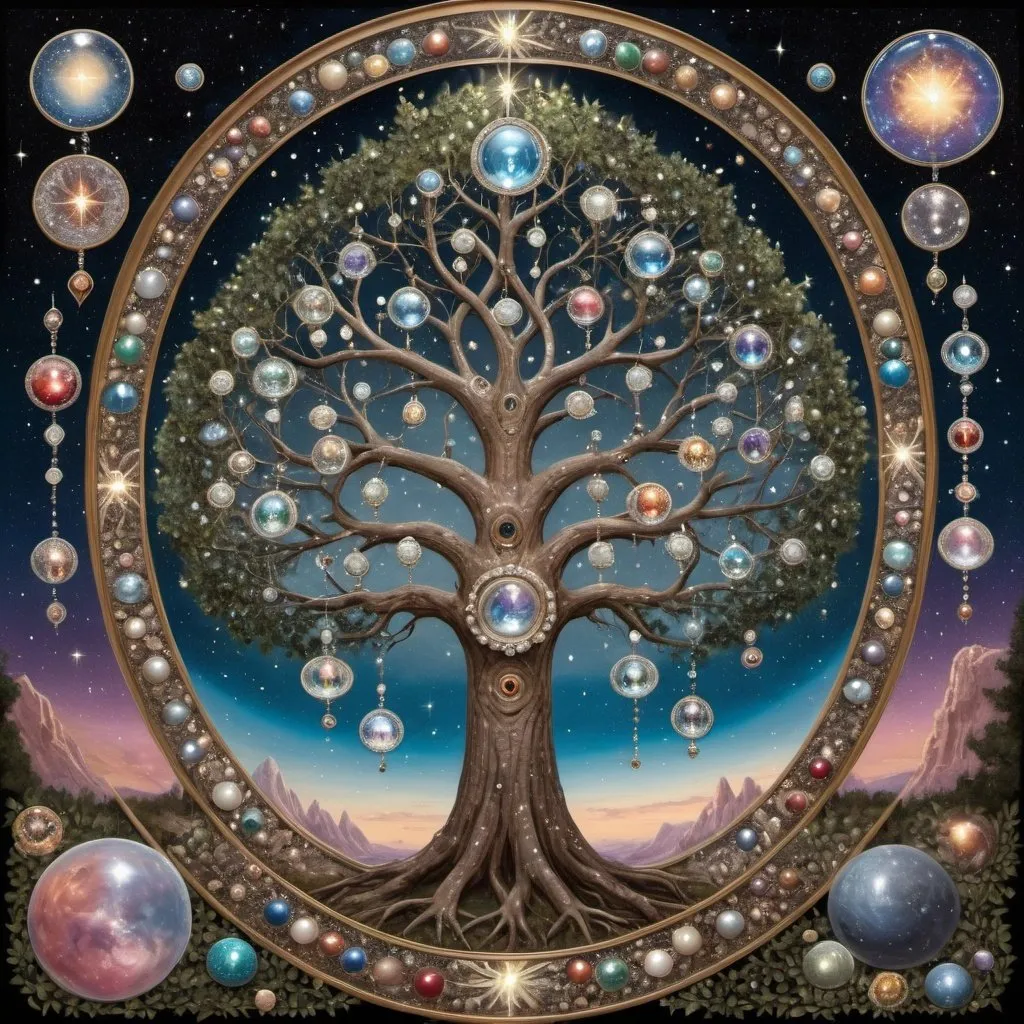 Prompt: family tree in foreground, Victorian style, surrounded by a triple circle of mirror mosaics, diamonds, gems and pearls, as if from interplanetary travel, background, cosmic universe, with planets, stars, andromeda nebula, diamonds, pearls, soap bubbles, the tree emits a glow