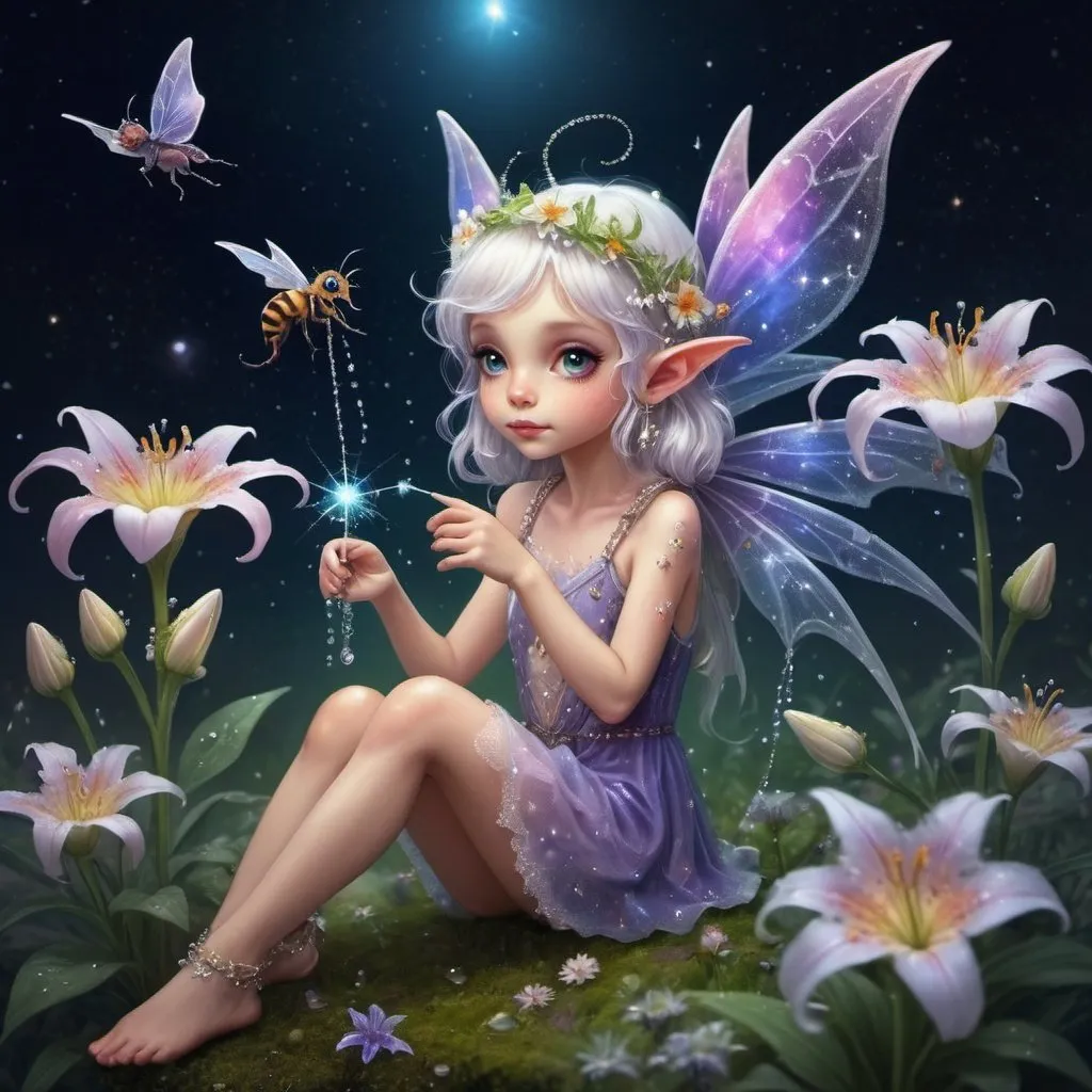 Prompt: colors of the universe, milky way, big and small star chariot, cosmic, fantasy world of the universe 82K, everything is as small as in the ant world, about 1 cm big flower elf, on the feet, lupine shoes, tied with a thread of spider webs, dew beads in the hair. sitting in the middle of a lily and feeding a little dragon with pollen, an elf with tiny wings, a fairy the size of a bee, a fantasy world, with a flower swallow hat on his head, little elf ears. All around a dewy glow, diamonds, pearls, a mist of lace.