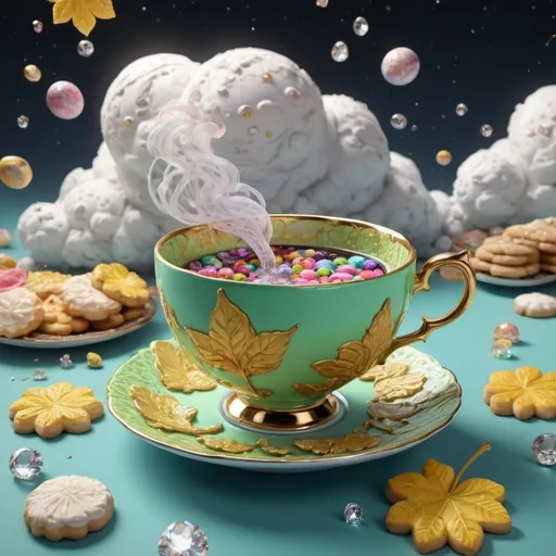 Prompt: clouds and lace, 432hz, healing sound, healthy light, airy bob, pearls, diamonds and crystals 3000PDI, all in light source, 5D lamp. Luxurious Victorian lime blossom teacup 82K with saucer, falling gold leaves, solar system 3000PPI, warm knitted socks 82k, ultra HD, realistic, vibrant colors, highly detailed, UHD drawing, pen and ink, perfect composition, beautiful, detailed, insanely detailed octane renderings trend art station 8K art photo and planet change with cookies and candies spilling out of a mug 3D rendering anime product cinema painting fashion illustration 3D rendering, illustration, product, fashion, painting, 3d render